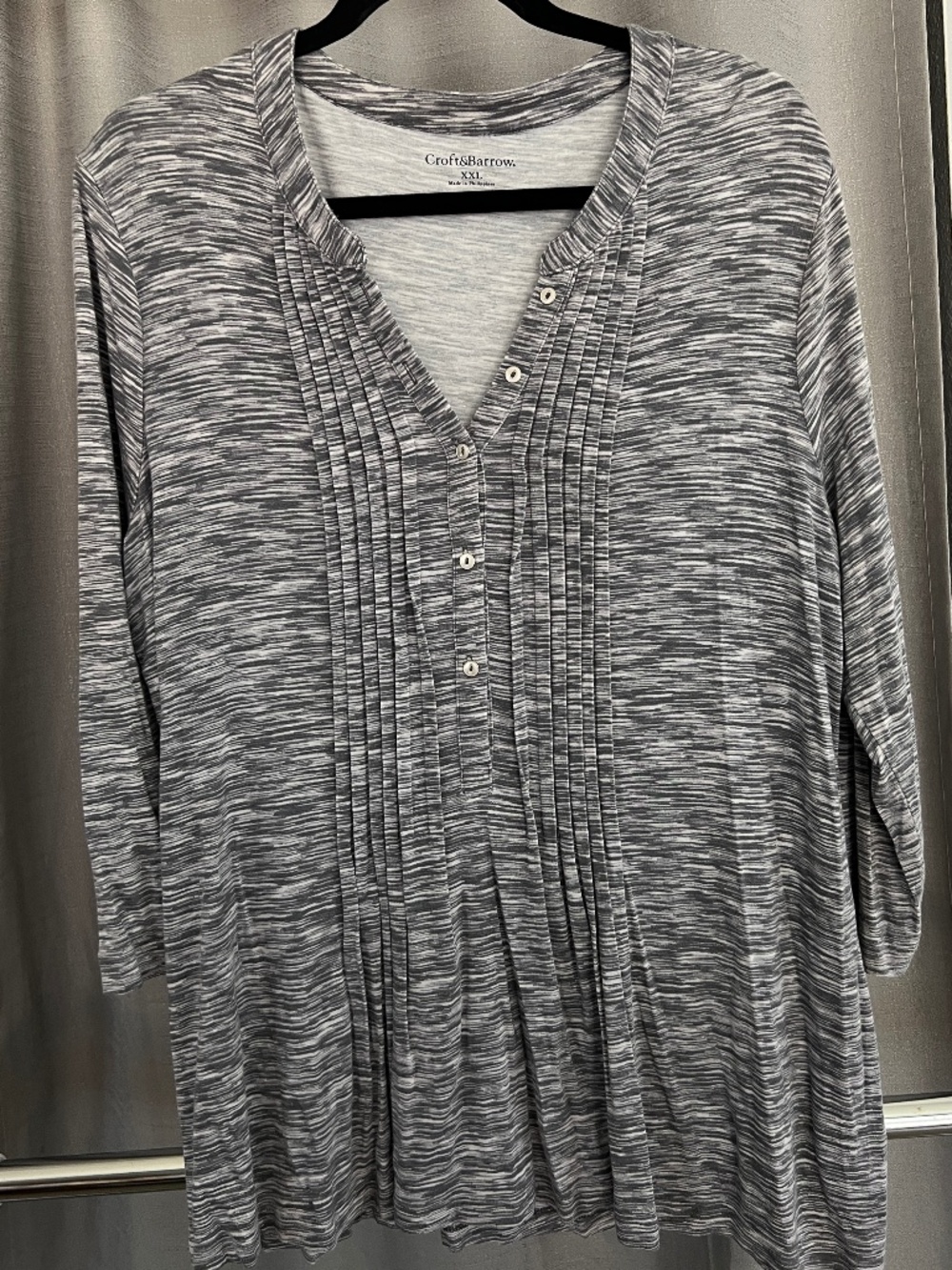 Croft & Barrow Gray Space Dye Tunic Top XXL Pleated Front 3/4 Sleeve
